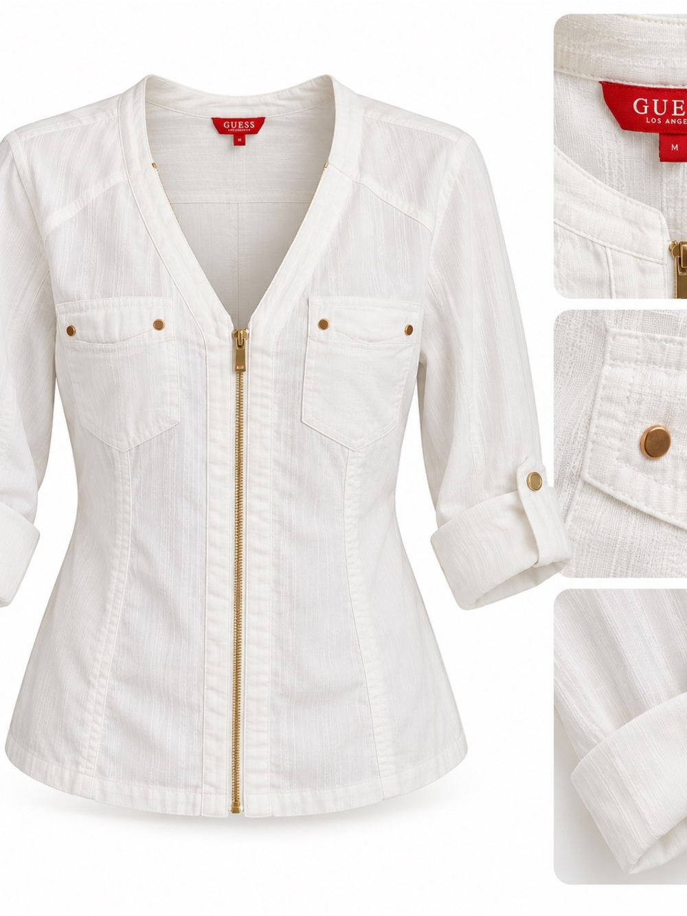 Guess White Zip-Front Denim Jacket with Gold-Tone Hardware